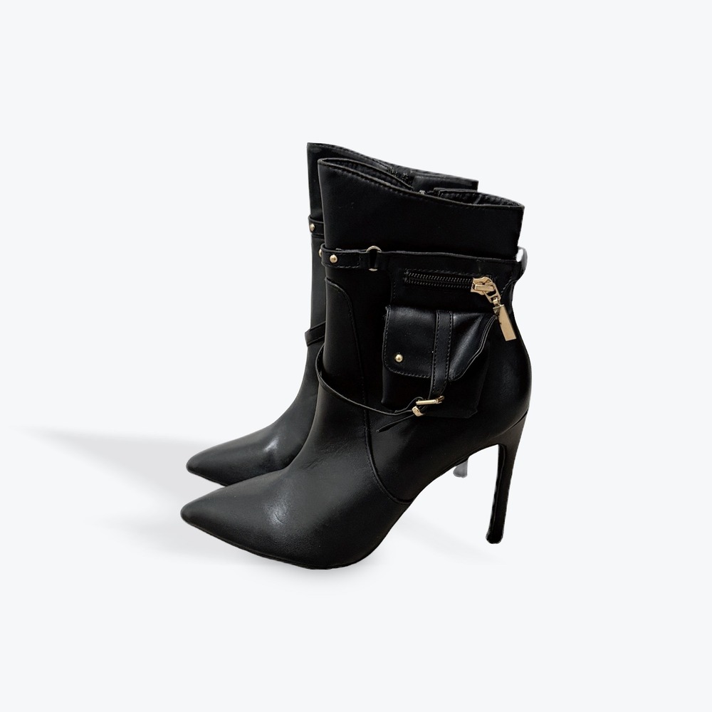Bella Marie Black Faux Leather Pointed Toe Stiletto‎ Boots With Pockets Size 8